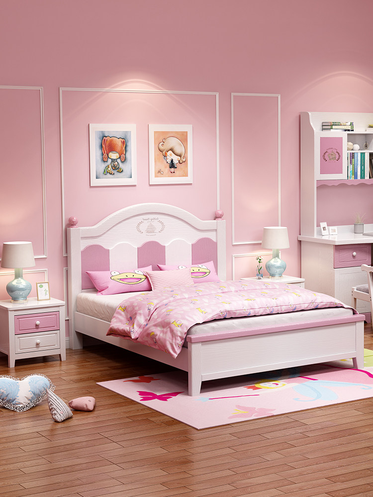 Modern minimalist pink solid wood children's bed girl princess bed 1 5 meters girls single bed solid wood bed storage bed