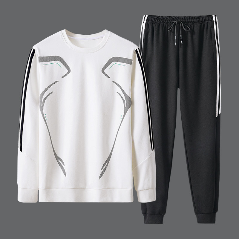 Sports suit men's spring and autumn round neck thick cotton T trend ins large size casual running sports clothes two-piece set