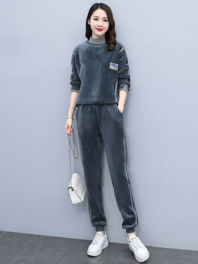 Traje deportivo de terciopelo dorado estilo otoño e invierno 2025 nueva moda informal para mujer sudadera delgada holgada conjunto de dos piezas más terciopelo