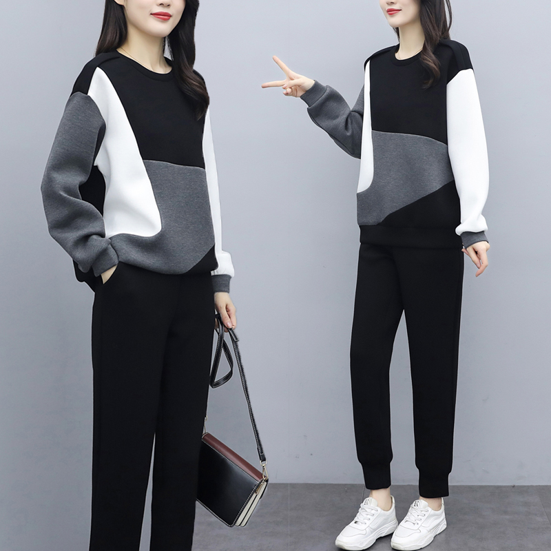 2022 autumn contrast color stitching fashion western style sweater casual loose and thin beam pants suit women's new two-piece suit