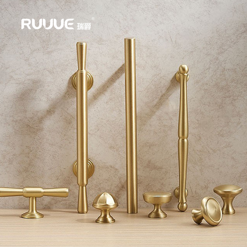 Ruijue pure copper gold vintage wardrobe handle brass solid American Jane Euro drawer cabinet door handle all copper