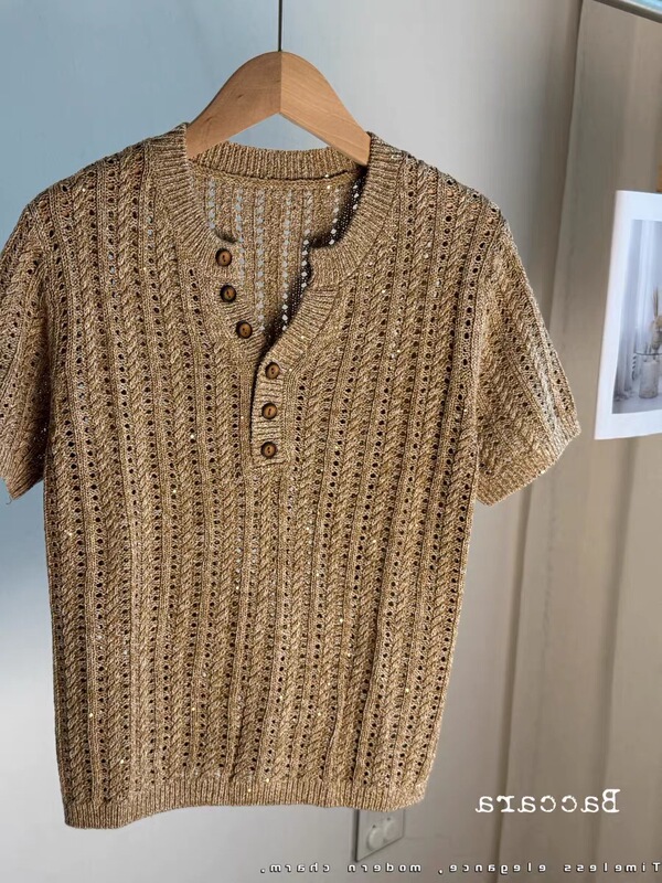 Monochrome [Super Old Money] Kangbao Linen Commuting Versatile High-Quality Knitted V-Neck Short-Sleeve T-Shirt New Style