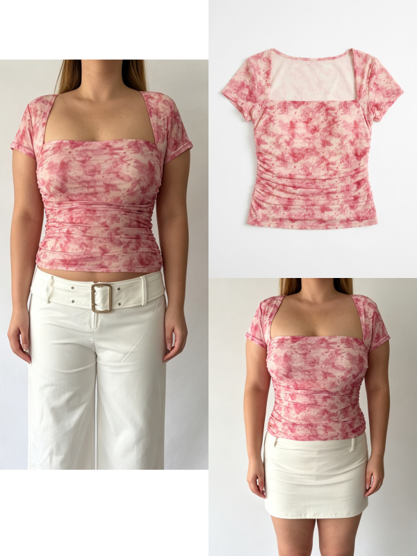 Margaretbby Slightly Plus-Size Square-Neck Long-Sleeved Right-Angle Shoulder Pink Mesh Top
