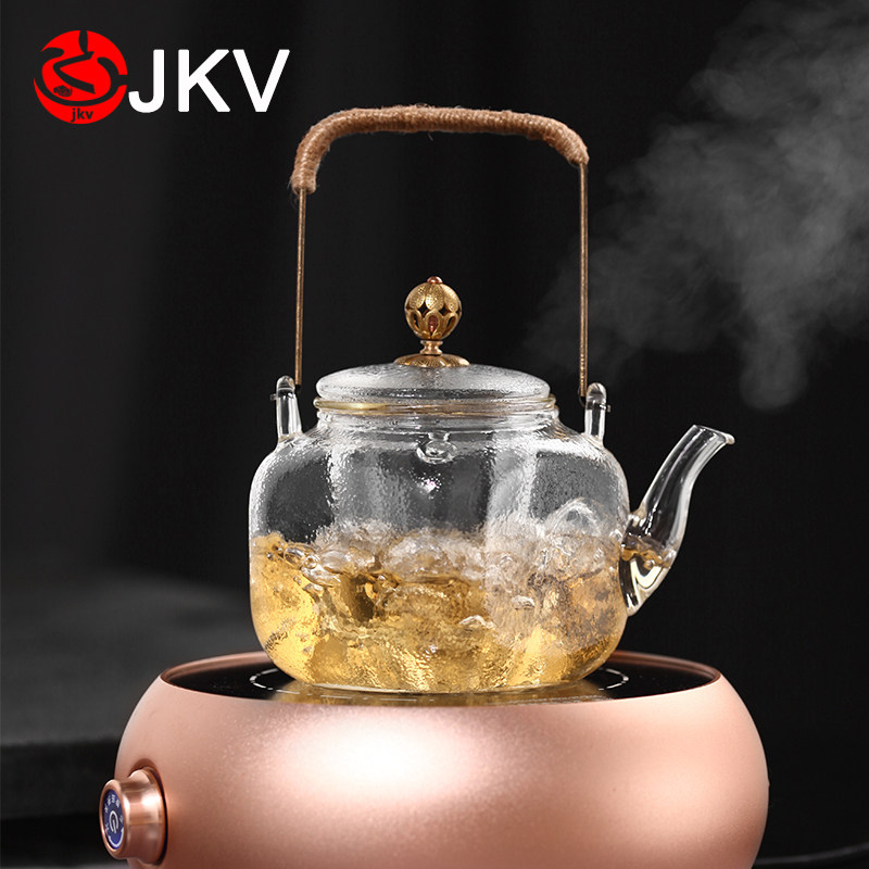 JKV glass cooking teapot heat-resistant kettle black crystal stove cooking tea set with foam teapot hammer veins copper Tiber
