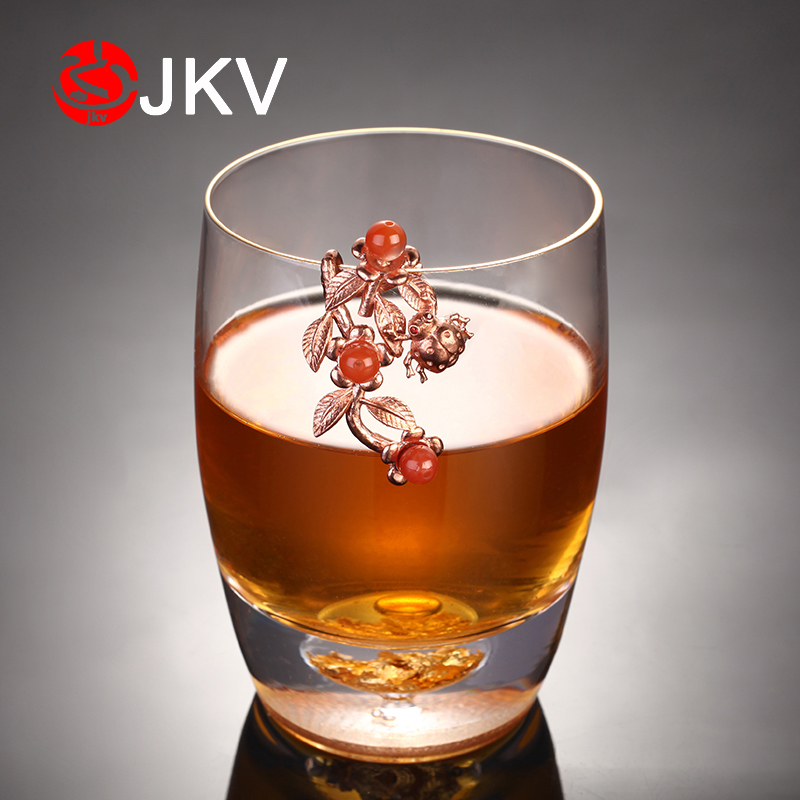 Crystal glass tea cup green tea cup Tibetan 24K gold foil whiskey wine glass foreign wine glass wine tasting glass inlaid south red jade wine glass