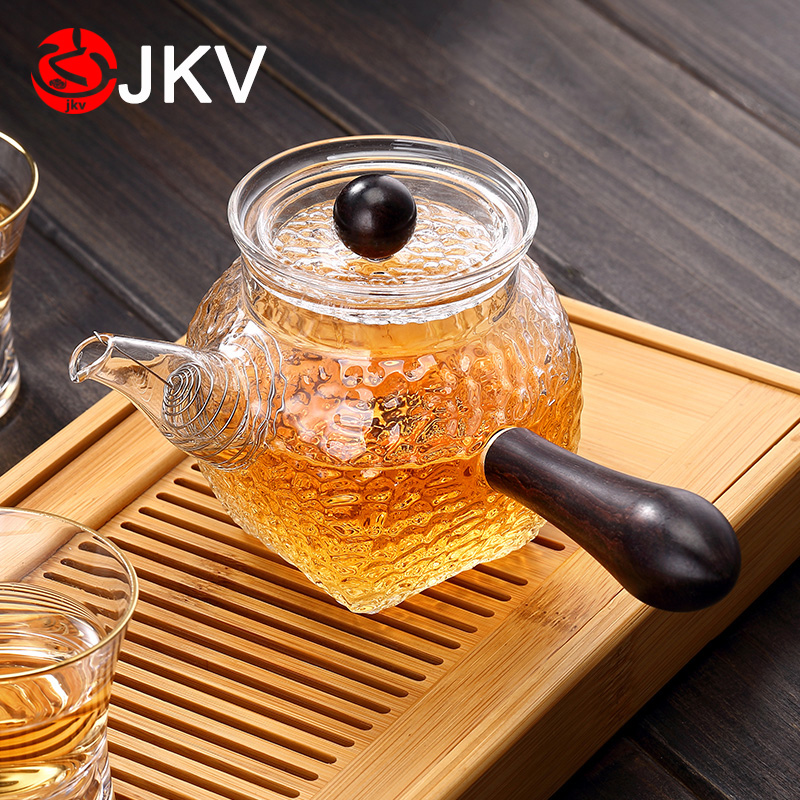 Glass teapot handmade solid wood side pot small high temperature resistant teapot household kung fu tea set hammer pattern boiled teapot