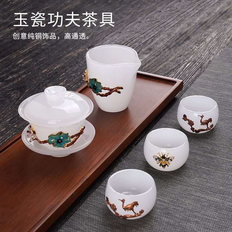 JKV Jade Porcelain Covered Bowl Tea Cup Inlaid Silver Fair Cup Master Cup Large Sancai Tea Bowl Glass Kung Fu Tea Set