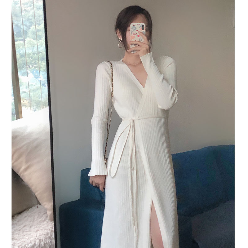 With a coat long version of sweater skirt over the knee French niche waist waist with a knitted dress women's autumn and winter dress