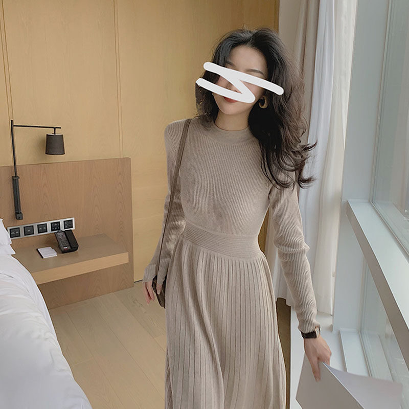 Fan-style small fragrant wind knit long dress with long version thickened punch in the bottom inner lap sweaters for women autumn and winter