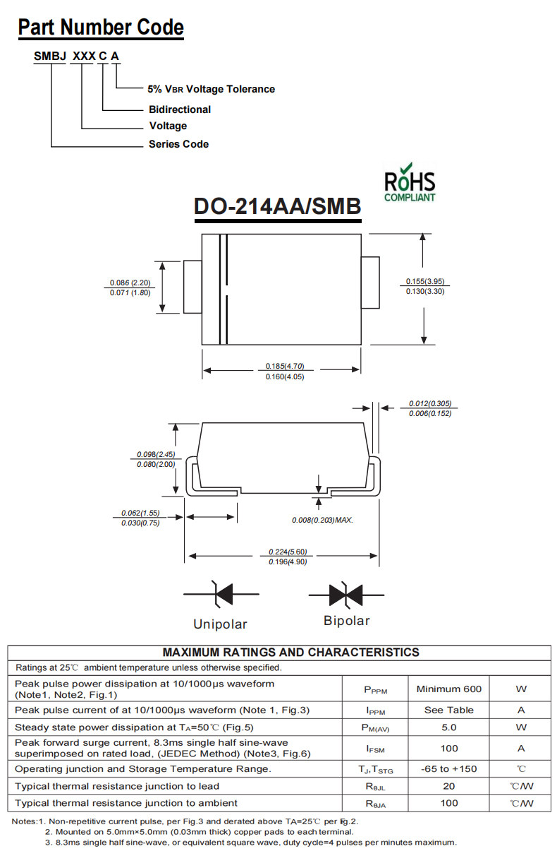 MDD Chenda SMAJ-Serie TVS-Dioden (unidirektional/bidirektional): SMAJ5.0, SMAJ6.0, SMAJ6.5, SMAJ12, SMAJ13, SMAJ15, SMAJ-A, SMA – Detail 8