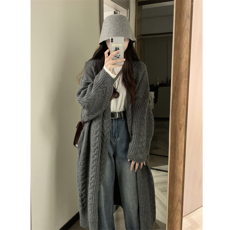 2025 Lazy Style Mid-Length Knitted Cardigan Autumn and Winter New Korean Version Loose Twist Thick Sweater Coat for Women