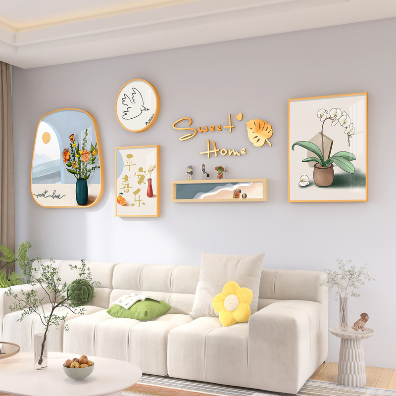 Cream-Colored Living Room Decorative Painting Set, Modern Minimalist Fresh Style Sofa Background Wall Art, Hanging Painting with a Mountain Scene