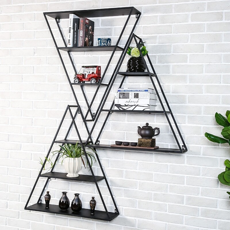 Loft wrought iron wall shelf living room wall creative decoration storage shelf retro triangle partition shelf - Taobao