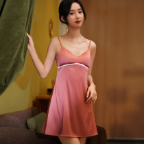 Thin elastic ice sleeping dress with chest mat summer silk sleepy sleepy dress simulation silk spring and autumn home clothing