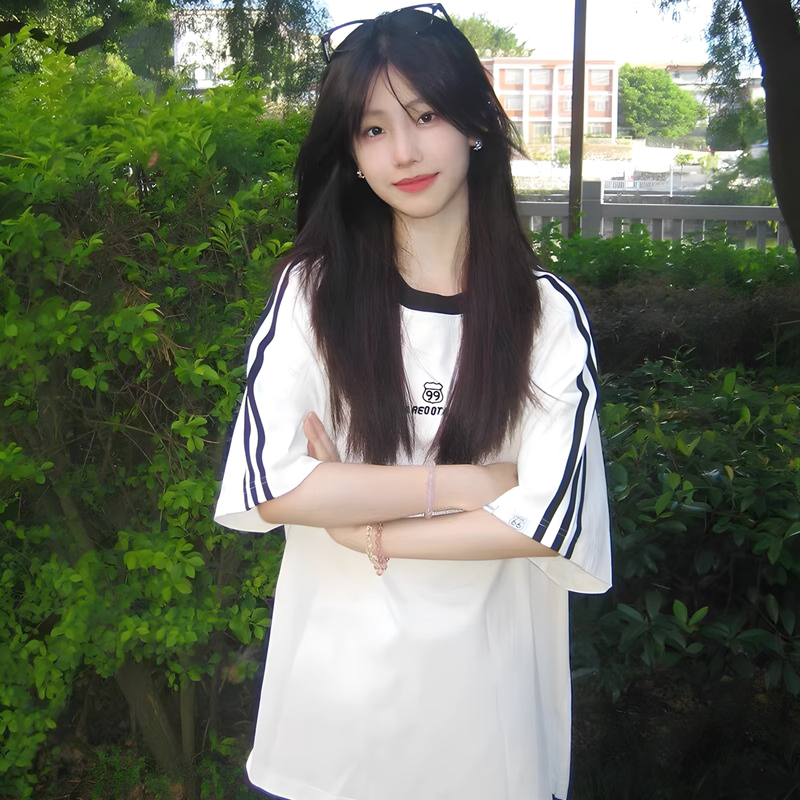 American-Style Color-Blocked Three-Stripe Short-Sleeve T-Shirt for Girls, Suitable for Middle and High School Students, Trendy Brand, Loose Fit, Pure Cotton White Top