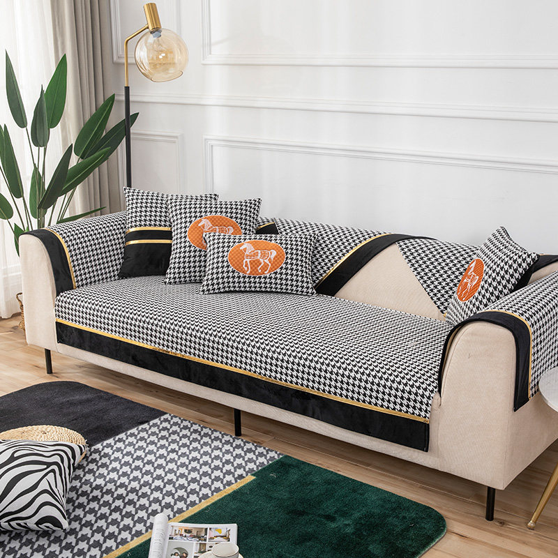 Houndstooth sofa cushion four seasons universal chenille non-slip living room solid wood Chinese style sofa cloth art backrest towel cover