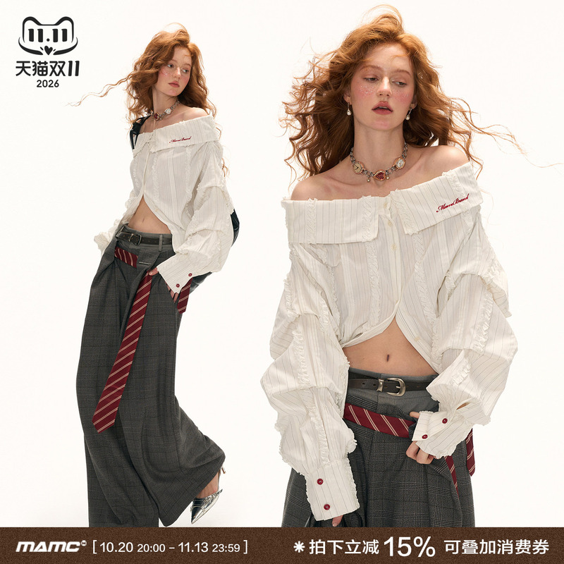 Mamc Big V Layered Striped White Shirt for Women 2025 Autumn New Off-Shoulder Shirt Loose Long-Sleeve Top Mamc Big V Layered Striped White Shirt for Women 2025 Autumn New Off-Shoulder Shirt Loose Long-Sleeve Top