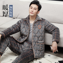  Pajamas mens coral velvet winter three-layer padded plus velvet thickened home clothes autumn and winter mens plus size suit