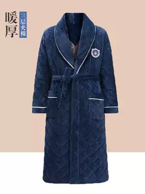 Men's nightgown winter coral velvet cotton three-layer thick men's flannel winter warm long-term home clothing