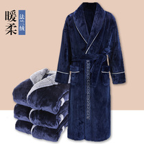  Take pure flannel nightgown mens autumn and winter mid-length bathrobe mens plus size thickened coral velvet winter home service men