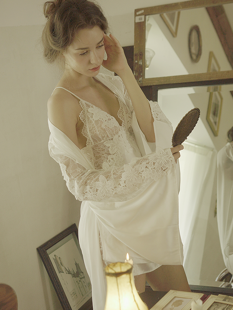 Secret song sexy pajamas female white summer lace openwork temptation private room ancient suspender nightgown thin nightgown