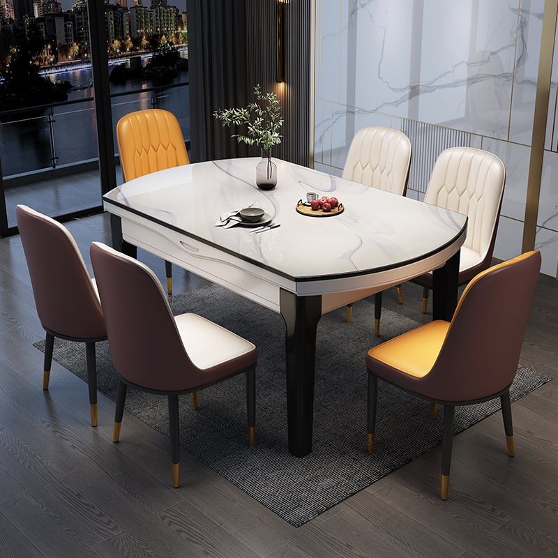 Marble dining table and chair combination Tempered glass folding square table becomes a round table Small household telescopic solid wood table