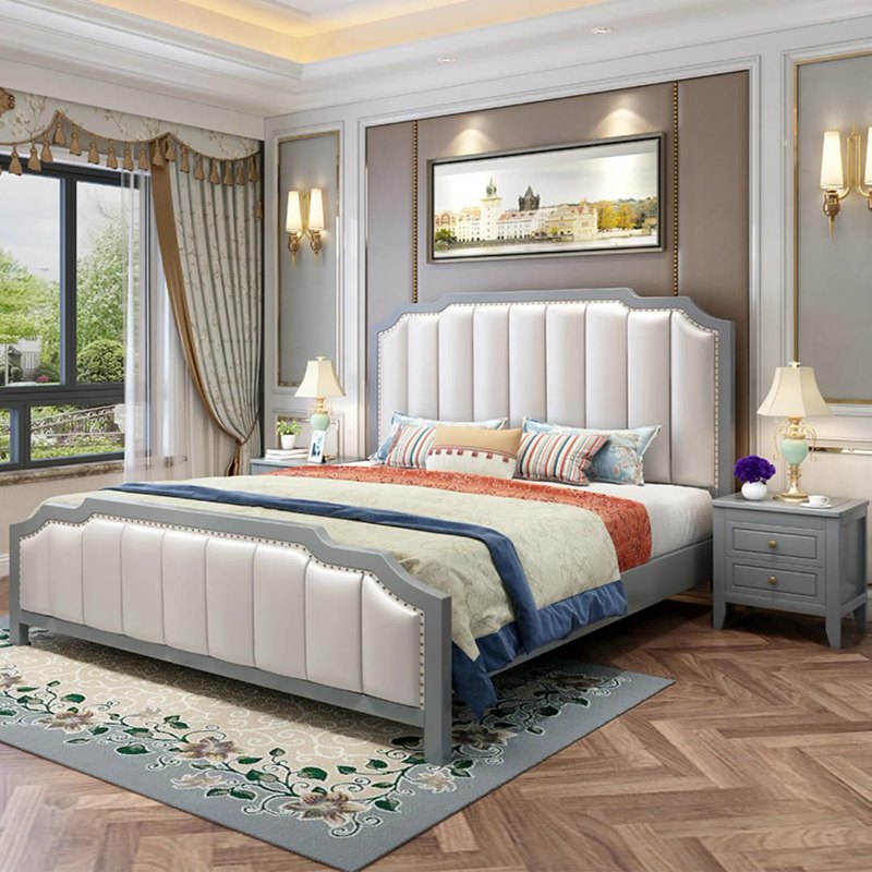 European solid wood bed Modern simple 1 8 meters light luxury single double bed 1 5 meters American master bedroom White soft bag wedding bed