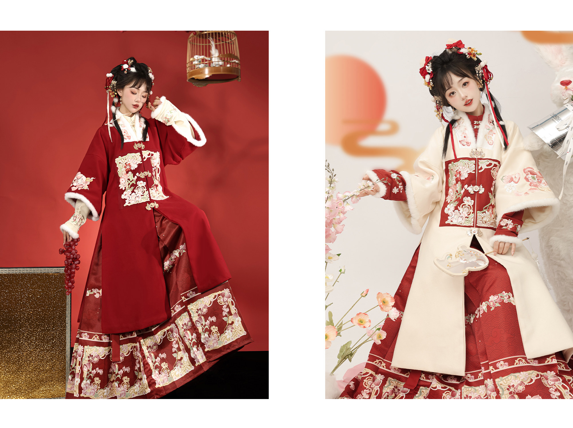 【中国直邮】荨茉乐淘淘 新款秋冬原创汉服明制加绒加厚马面裙 (红色合领补袍+米色立领+马面裙) S