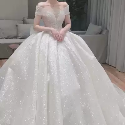 Wedding dress 2020 new bride winter one-shoulder forest super fairy dream pregnant woman large size small man trailing thin