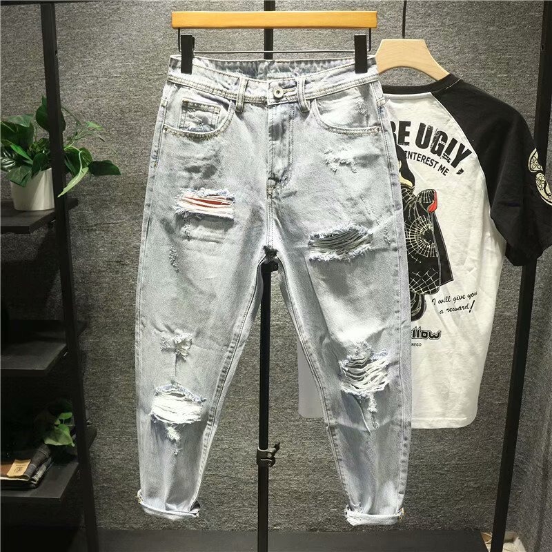 2025 New Trendy Summer Thin Ripped Jeans for Men, Korean Style Light-Colored Loose Straight-Leg Cropped Distressed Pants