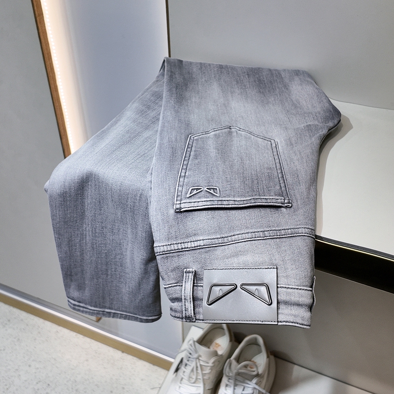 Spring and Summer Thin Style Little Monster Light Gray Slim-Fit Jeans for Men, Spring and Summer Small-Eye Elastic Straight-Leg Casual Pants