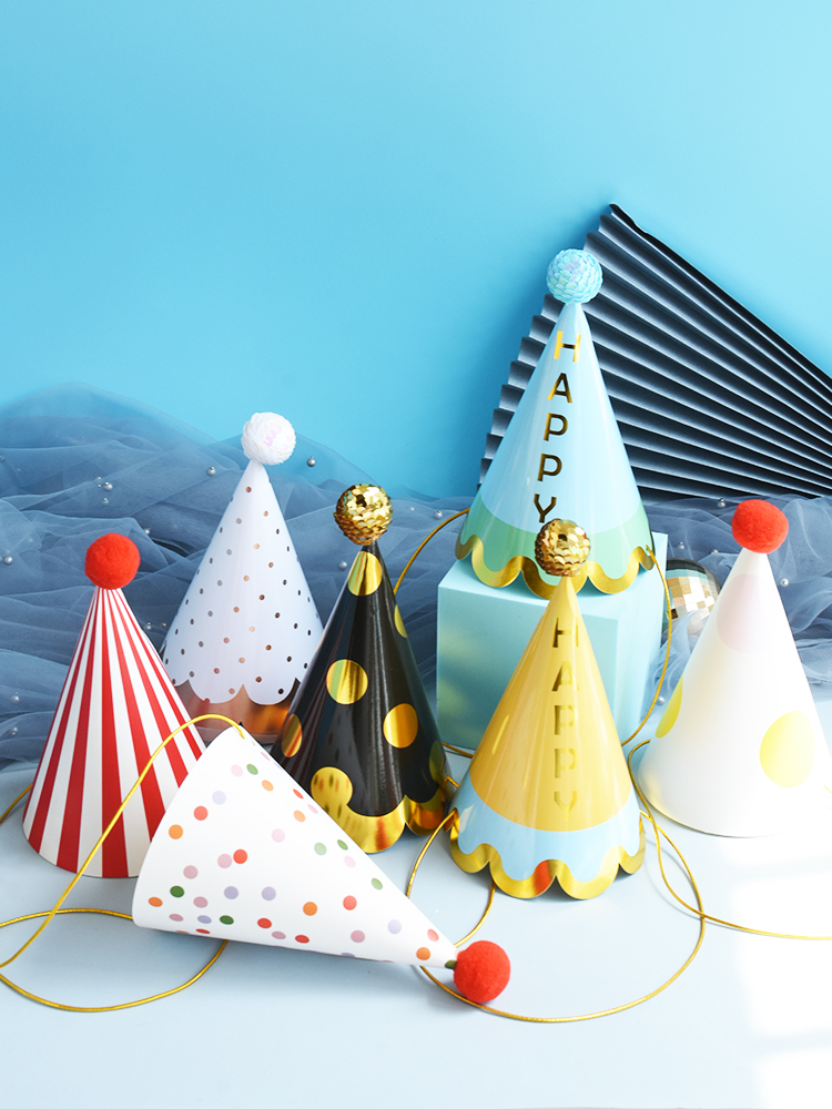 Party Decoration Modern Pink Gold Black Gold Polka Dot Stripe Birthday Party Cap Sequins Plush Pom Hat Glasses Dress Up