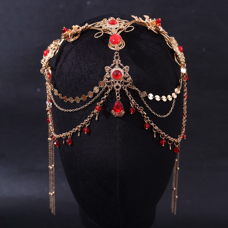 Rot Lila Tropfen Kristall Lange Kette Antike Exotische Ethnische Braut Hochzeit Kopfbedeckung Haarschmuck für Frauen Handgefertigter Haarschmuck – Detail 6