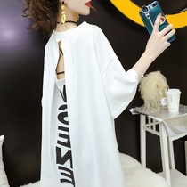 Fashion nursing dress Short-sleeved t-shirt dress womens loose medium-long Korean summer dress postpartum breast milk feeding dress