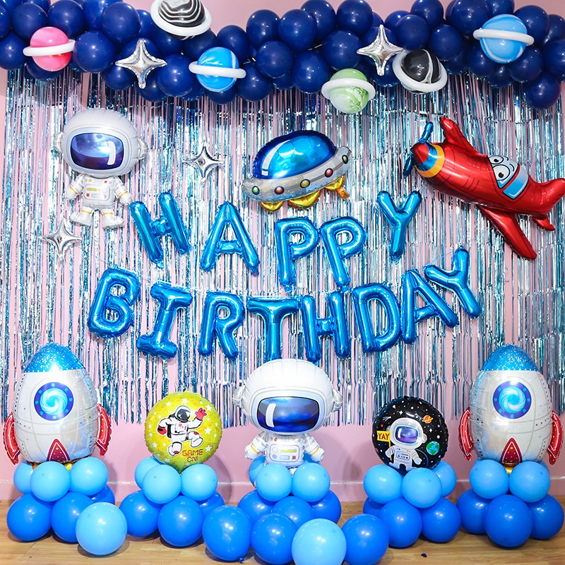 Boy 1 Year Old Children Birthday Party Rain Silk Curtain Background Wall Ten-year-old Birthday Decoration Scene Placement Balloon