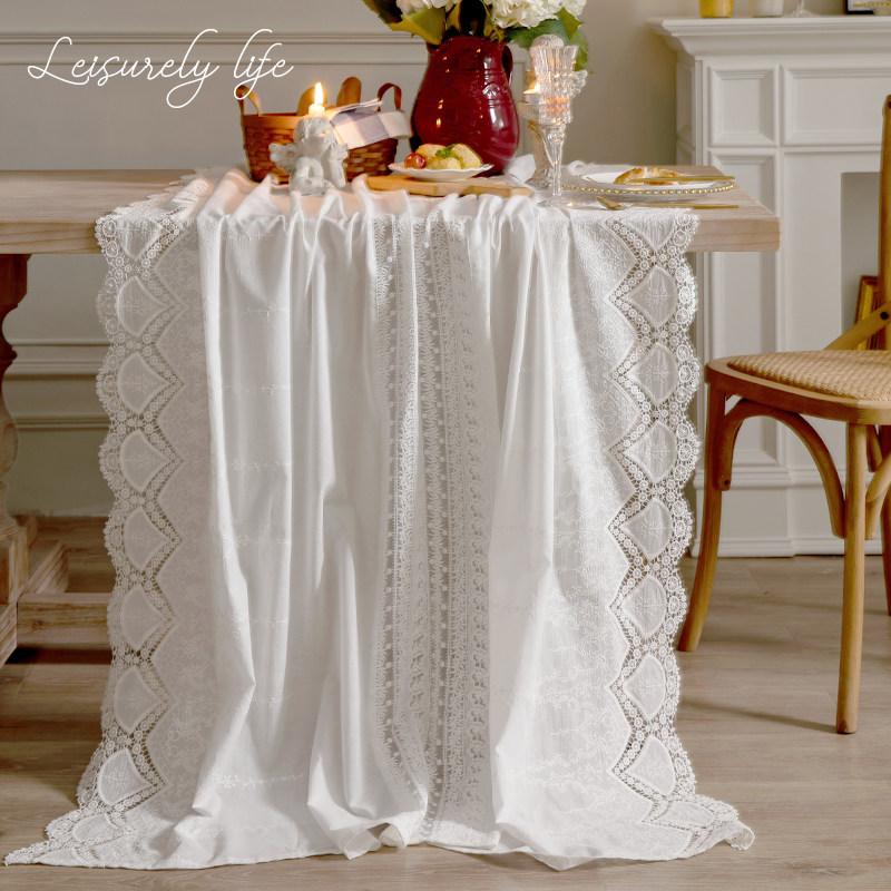 French lace tablecloth high-end hollow white table cloth fabric European luxury rectangular tea couple pad cloth