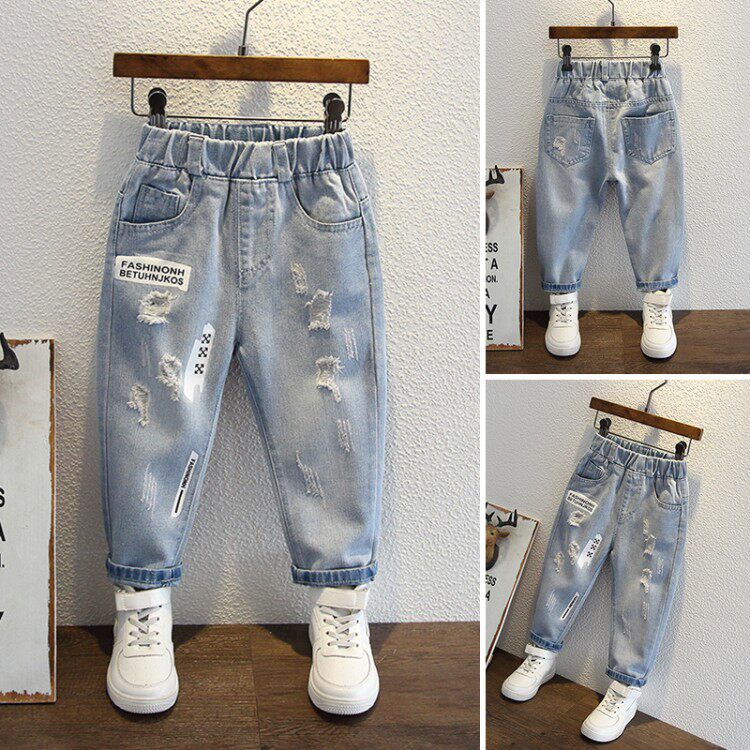 Baby pants boys spring clothes 2023 new spring and autumn children's boys spring ripped jeans cool and handsome