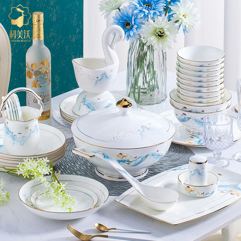 Dish set Household Jingdezhen tableware set Bone China gold Chinese ceramic bowl plate Wedding housewarming gift