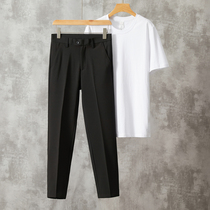 Black casual suit trousers with perm marks for men Korean style business trendy mens loose-fitting straight nine-point trousers trendy