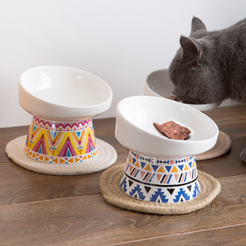 Cat supplies cat food bowl food drinking bowl dual-use anti-knock ceramic protection cervical spine high-legged cat with oblique mouth food bowl