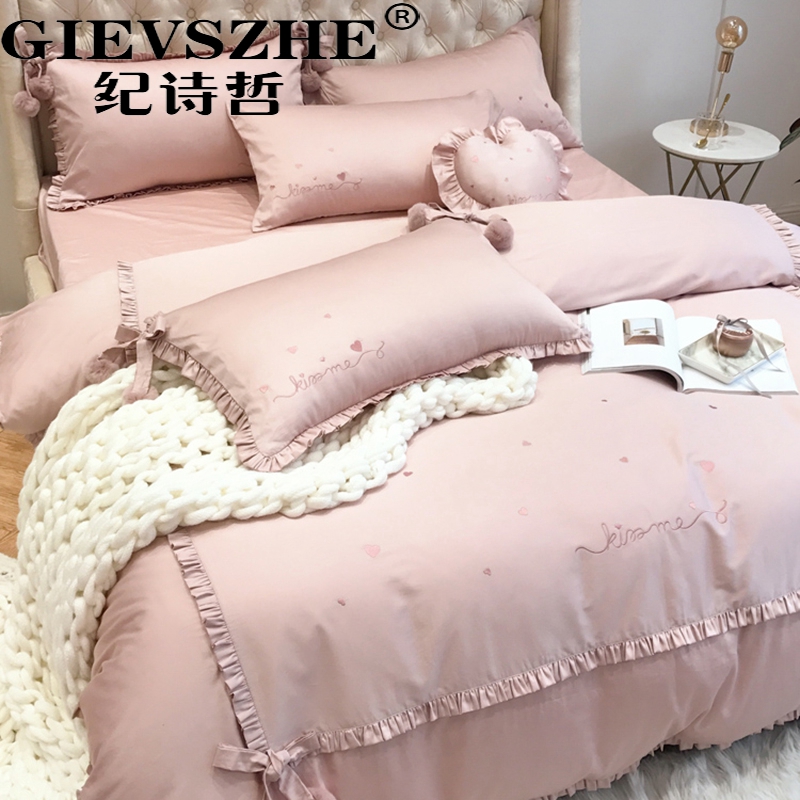 Ruffle edge bedspread four-piece bed Pure cotton net red thickened princess style simple ins Nordic bedding