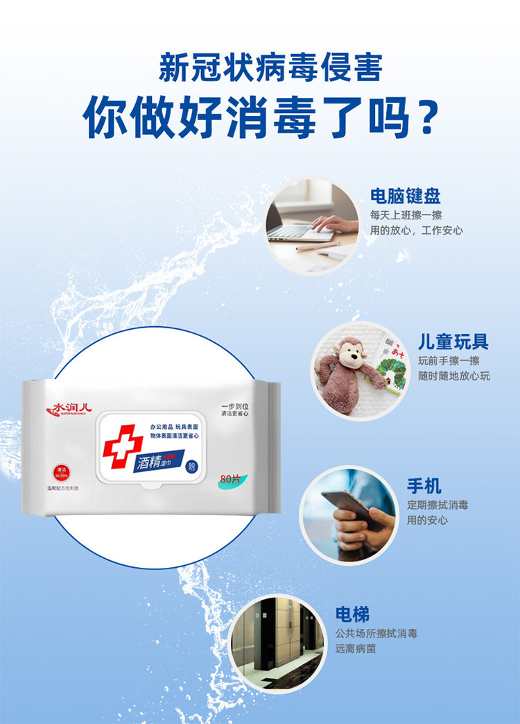 水润儿 75度杀菌抑菌酒精湿巾80片 图2