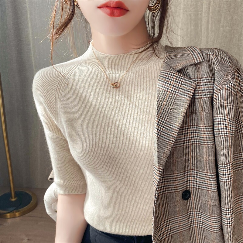 Women's Base Layer Shirt for Suits, Slim Fit, Half-High Collar, Five-Quarter Sleeves, New Style Top, Spring and Autumn Knitwear, Mid-Sleeve Sweater, Thin