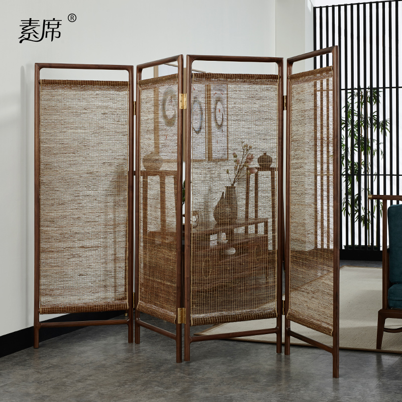 New Chinese-style screen partition porch solid wood tea room black walnut four-leaf folding ash living room Zen Chinese style