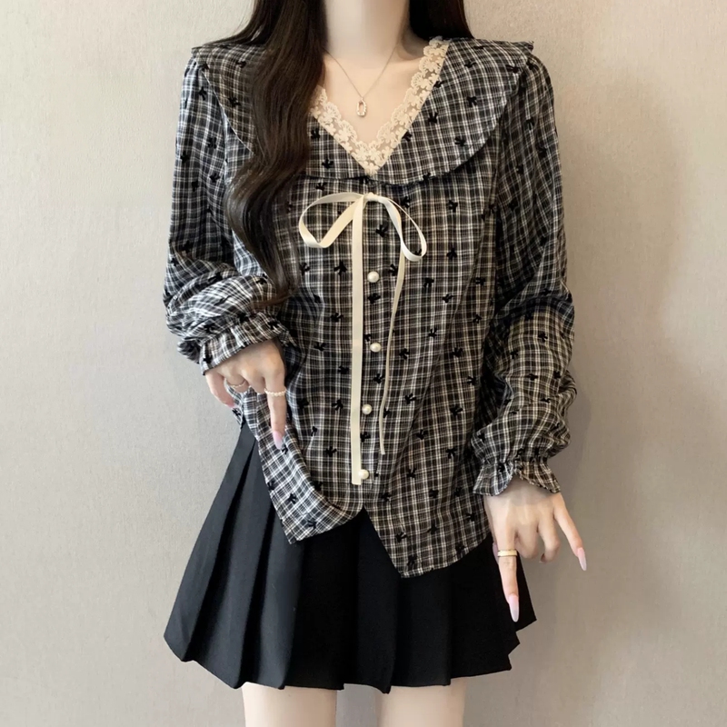 Lace Patchwork V-Neck Plaid Long-Sleeve Base Shirt for Women, Spring and Autumn, Plus Size, Slimming French-Style Bow Top