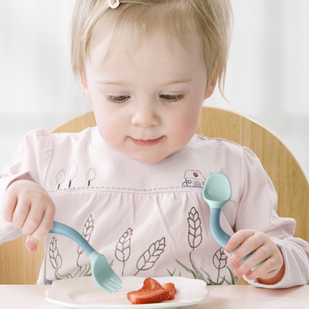 babycare Baby learning to eat training spoon elbow fork spoon set Baby auxiliary food spoon curved children's tableware