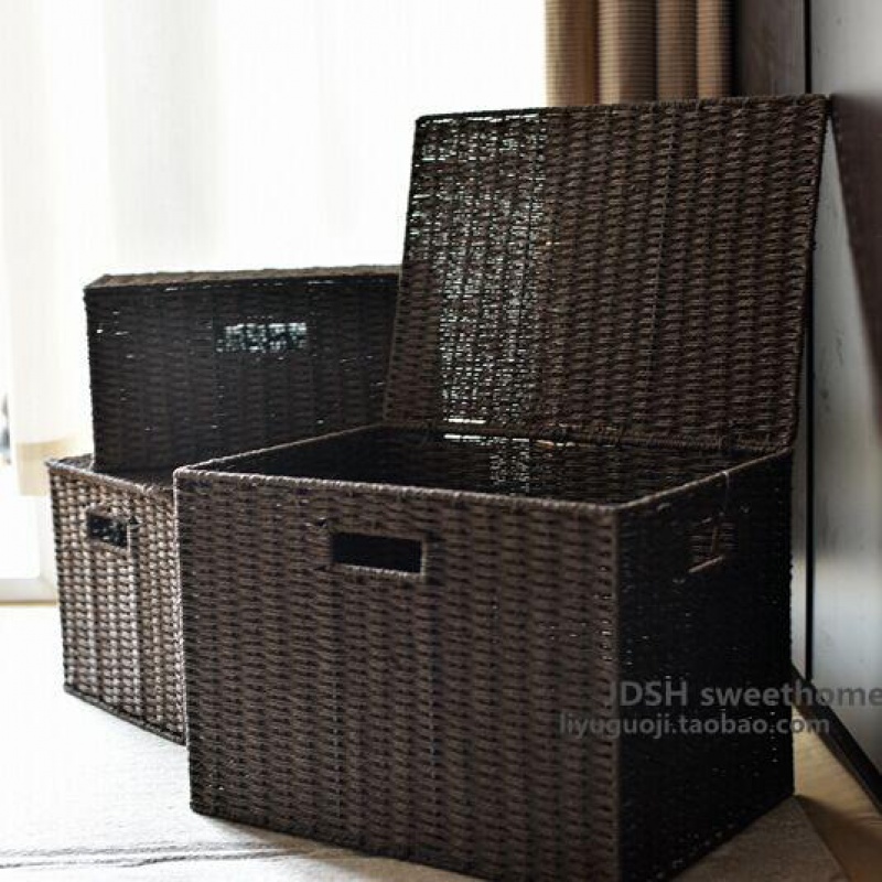Pastoral rattan grass woven storage basket Japanese-style covered wardrobe storage box sundries sorting box storage basket extra large