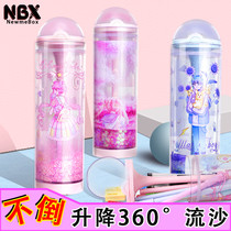  Net red with the same high-value stationery box ins tide girl primary school students cute junior high school students simple Japanese cylindrical non-inverted box multi-function lifting quicksand pen box transparent space capsule pencil box