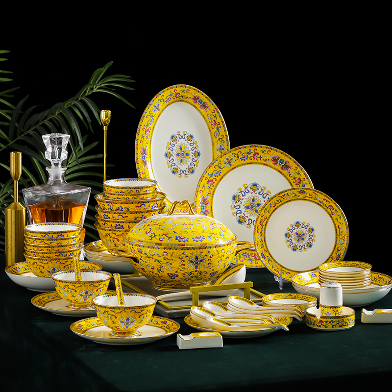 Jingdezhen Enamel Porcelain Bowl and Plate Set, Chinese Antique-Style Household 68-Piece Set, High-End Bone China Bowls and Plates, Wedding Gift