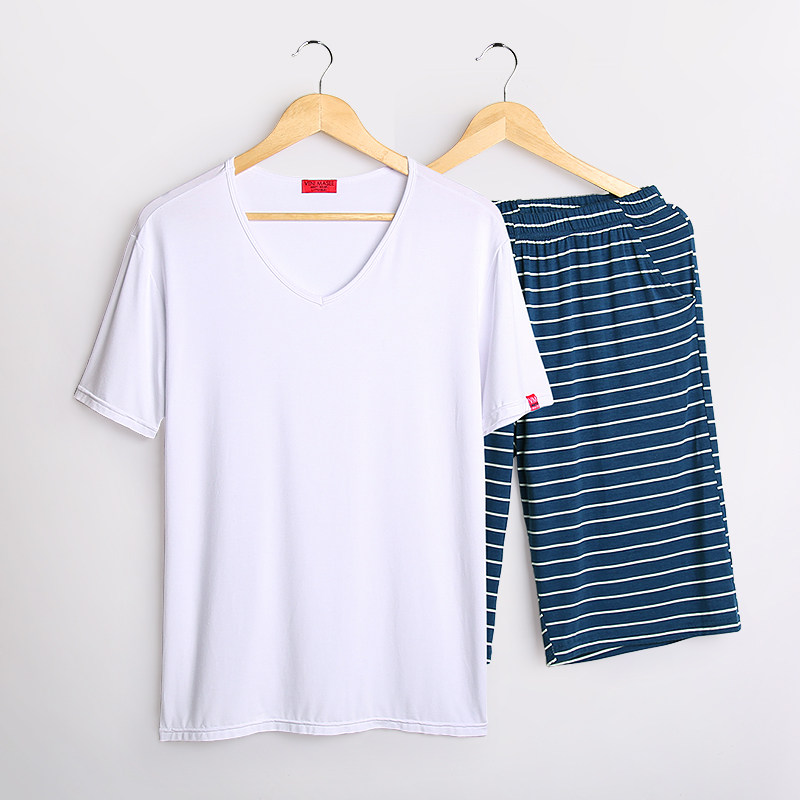 Pajamas men's summer ice silk thin section V-neck short-sleeved striped shorts loose and can be worn outside student home service suit